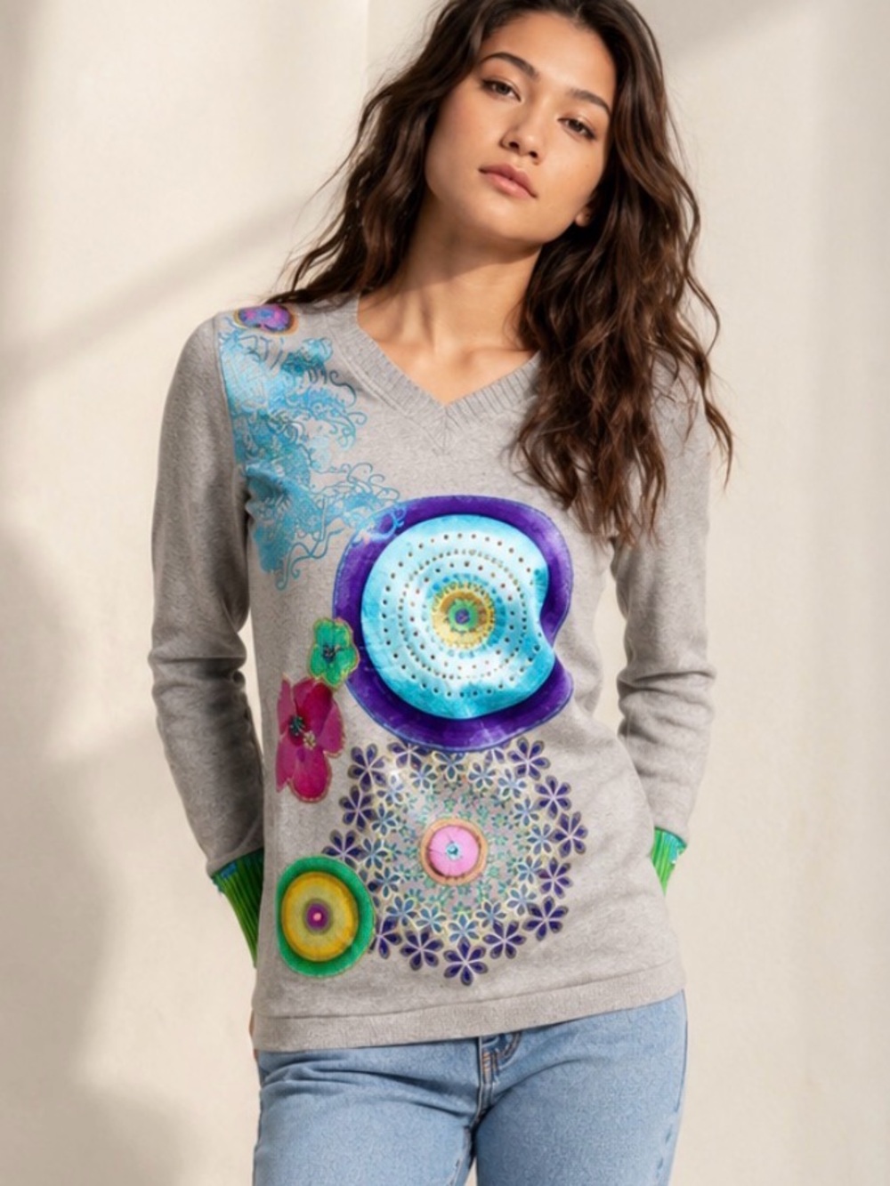 Vintage DESIGUAL Abstract Floral Y2K Patchwork Sweater Size Medium - Picture 4 of 11